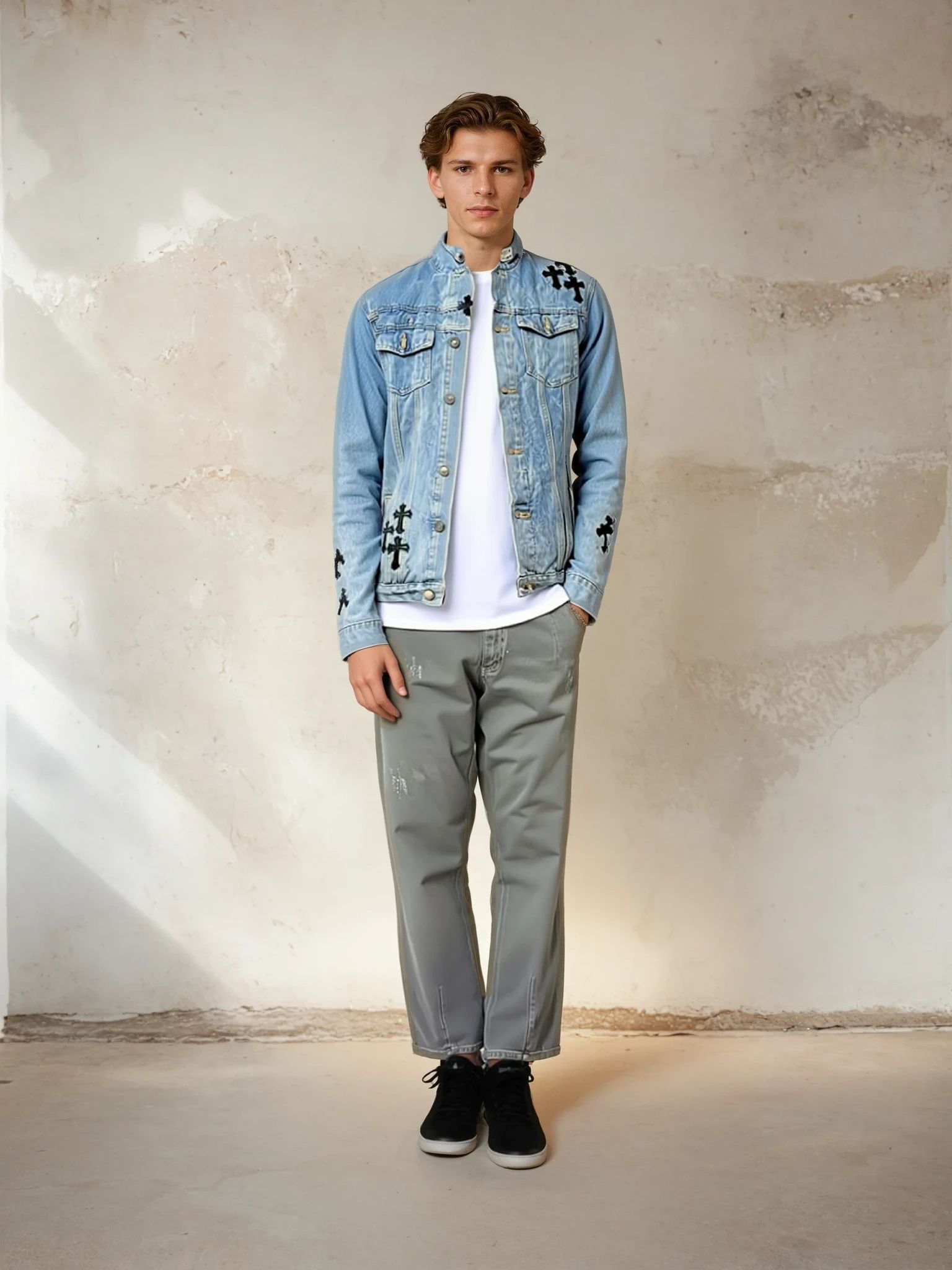 BLUE DENIM WITH LEATHER CROSSES
